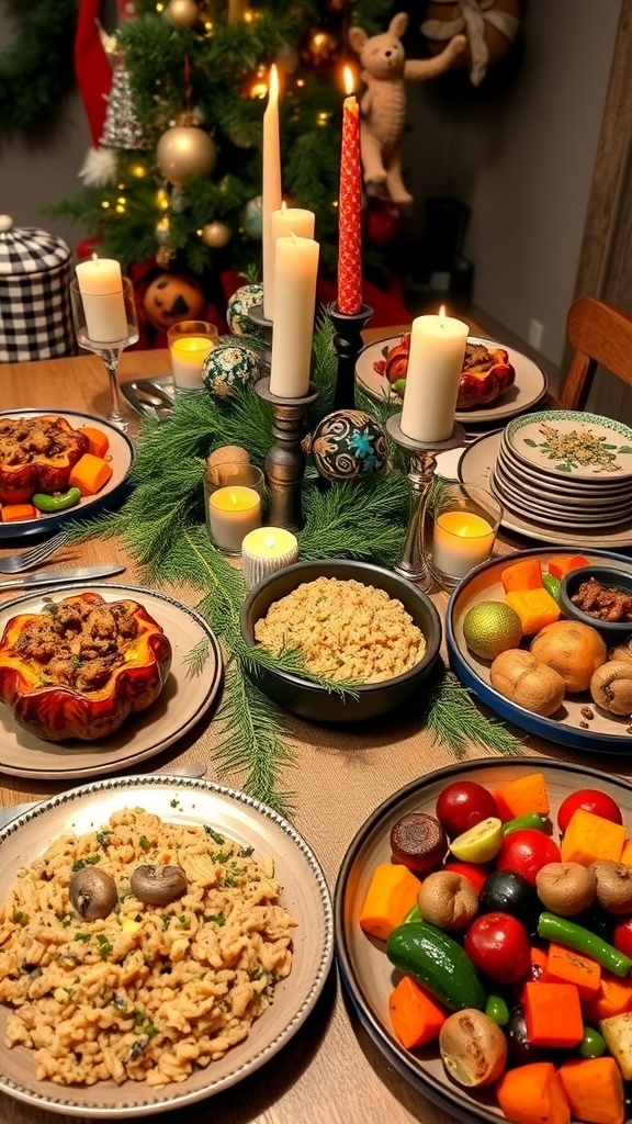 Delicious Vegan Dinner Ideas for Christmas Eve Vegan Christmas Eve dinner with stuffed acorn squash, mushroom risotto, and roasted vegetables on a festive table.
